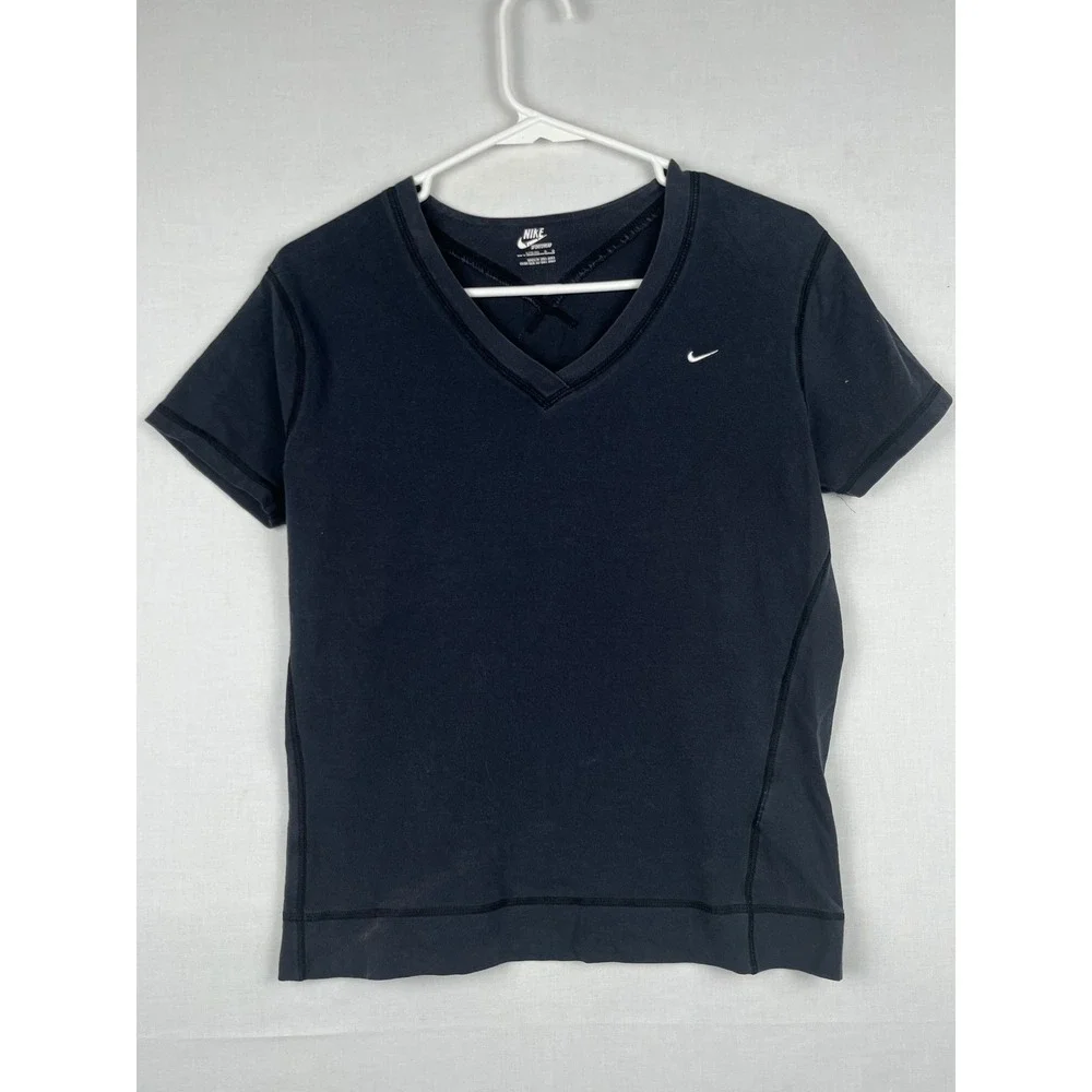 Nike Sportswear V-Neck T-Shirt Womens Large L Black Short Sleeve Swoosh Logo